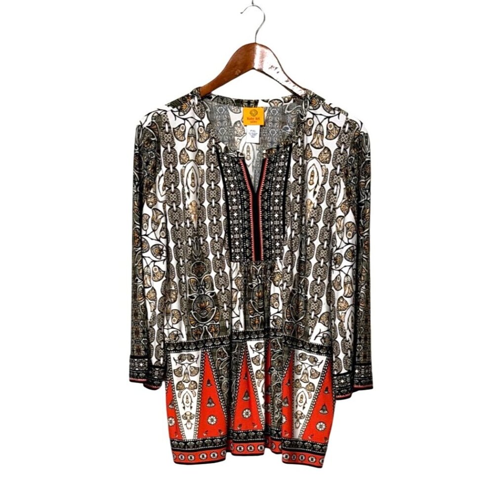 Ruby Rd. Petite PXL Womens Boho Tunic Top 3/4 Sleeve Multicolor Geometric Print‎